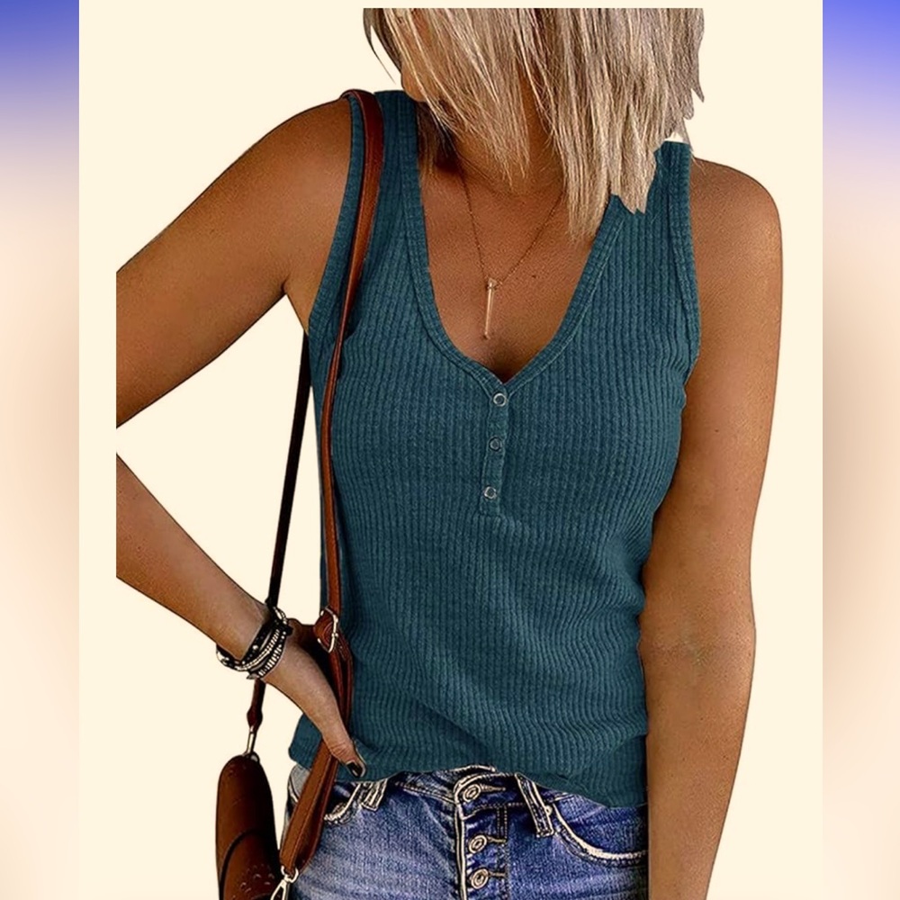 V Neck Tank Top  Sleeveless Ribbed Button in Small by Merrokeety